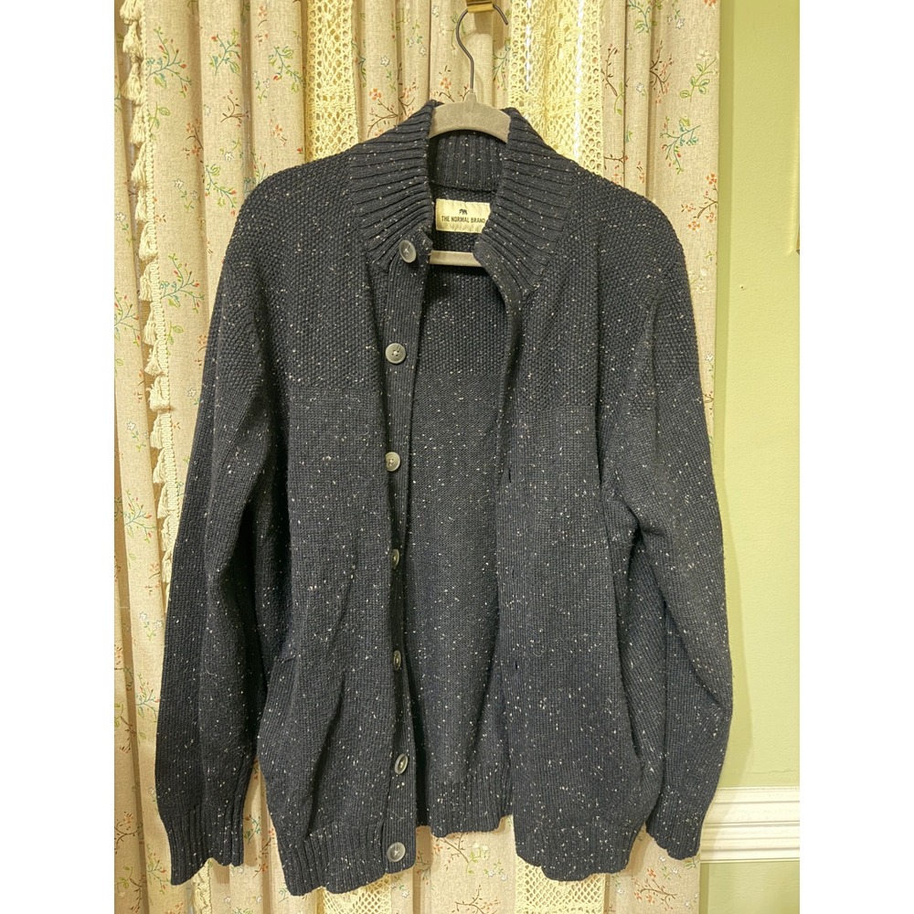 The Normal Brand Shawl Collar Cardigan Large Navy Donegal Speckled Wool Sweater